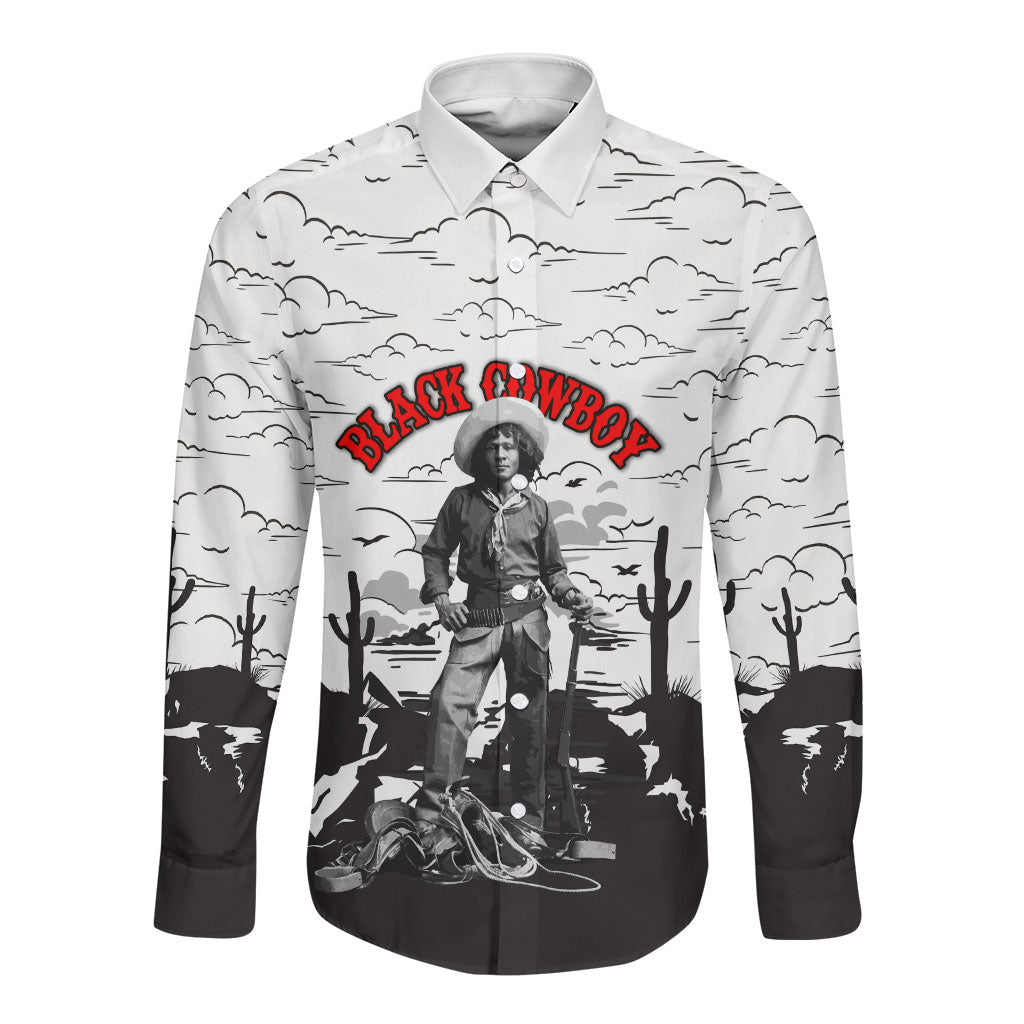 Black Cowboy Nat Love Long Sleeve Button Shirt Comic Style Desert Line Art Red Typography