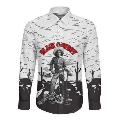 Black Cowboy Nat Love Long Sleeve Button Shirt Comic Style Desert Line Art Red Typography