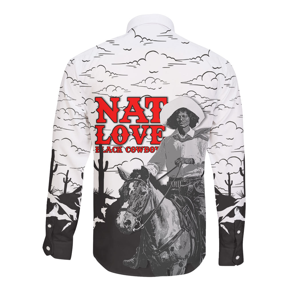 Black Cowboy Nat Love Long Sleeve Button Shirt Comic Style Desert Line Art Red Typography