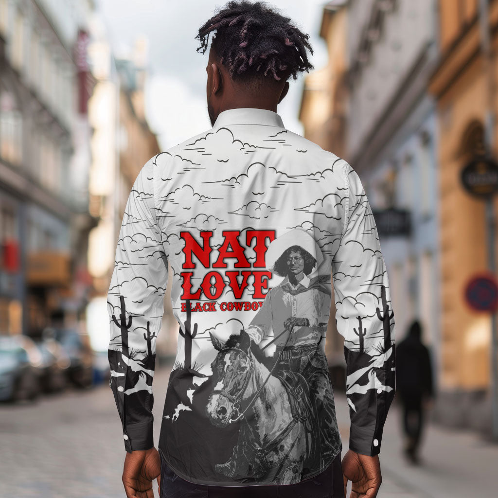 Black Cowboy Nat Love Long Sleeve Button Shirt Comic Style Desert Line Art Red Typography