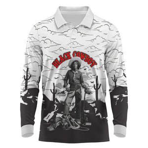 Black Cowboy Nat Love Long Sleeve Polo Shirt Comic Style Desert Line Art Red Typography