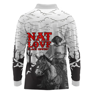 Black Cowboy Nat Love Long Sleeve Polo Shirt Comic Style Desert Line Art Red Typography