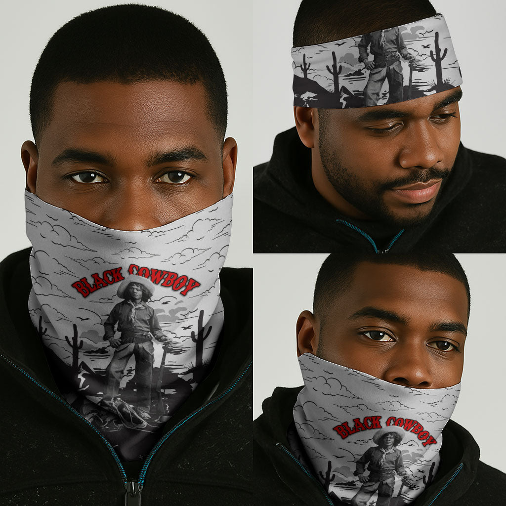 Black Cowboy Nat Love Neck Gaiter Comic Style Desert Line Art Red Typography