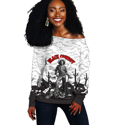 Black Cowboy Nat Love Off Shoulder Sweater Comic Style Desert Line Art Red Typography
