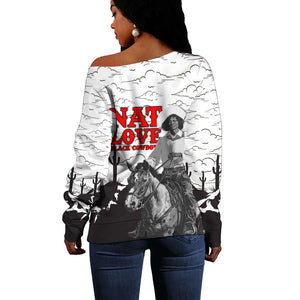 Black Cowboy Nat Love Off Shoulder Sweater Comic Style Desert Line Art Red Typography