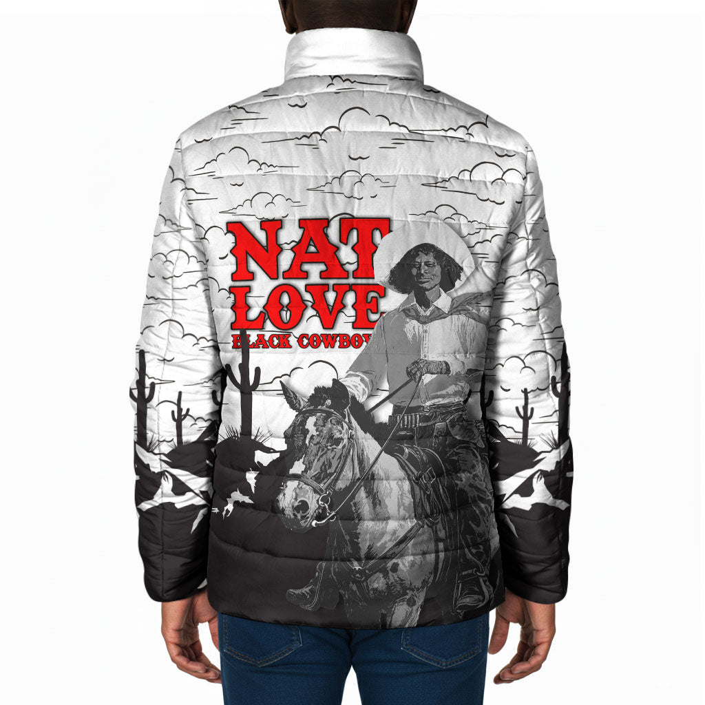 Black Cowboy Nat Love Padded Jacket Comic Style Desert Line Art Red Typography