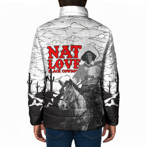 Black Cowboy Nat Love Padded Jacket Comic Style Desert Line Art Red Typography