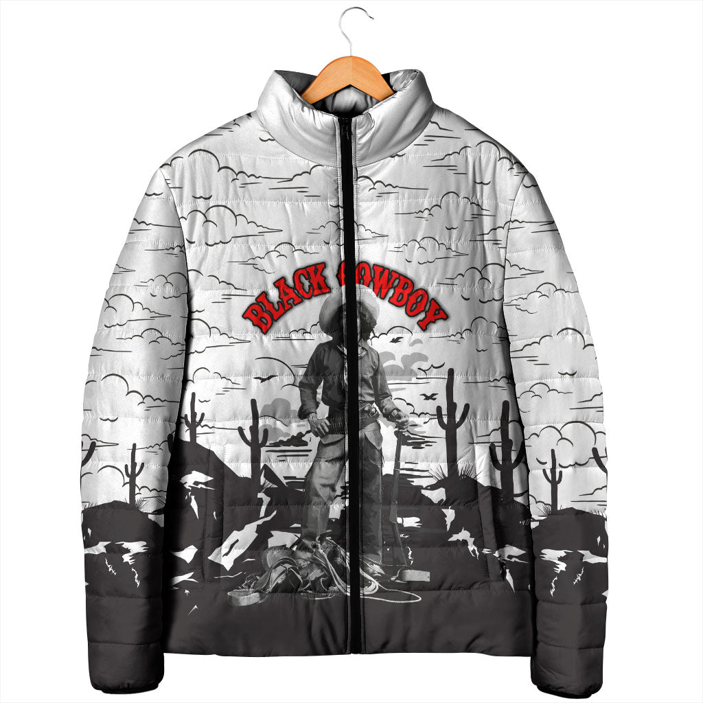 Black Cowboy Nat Love Padded Jacket Comic Style Desert Line Art Red Typography