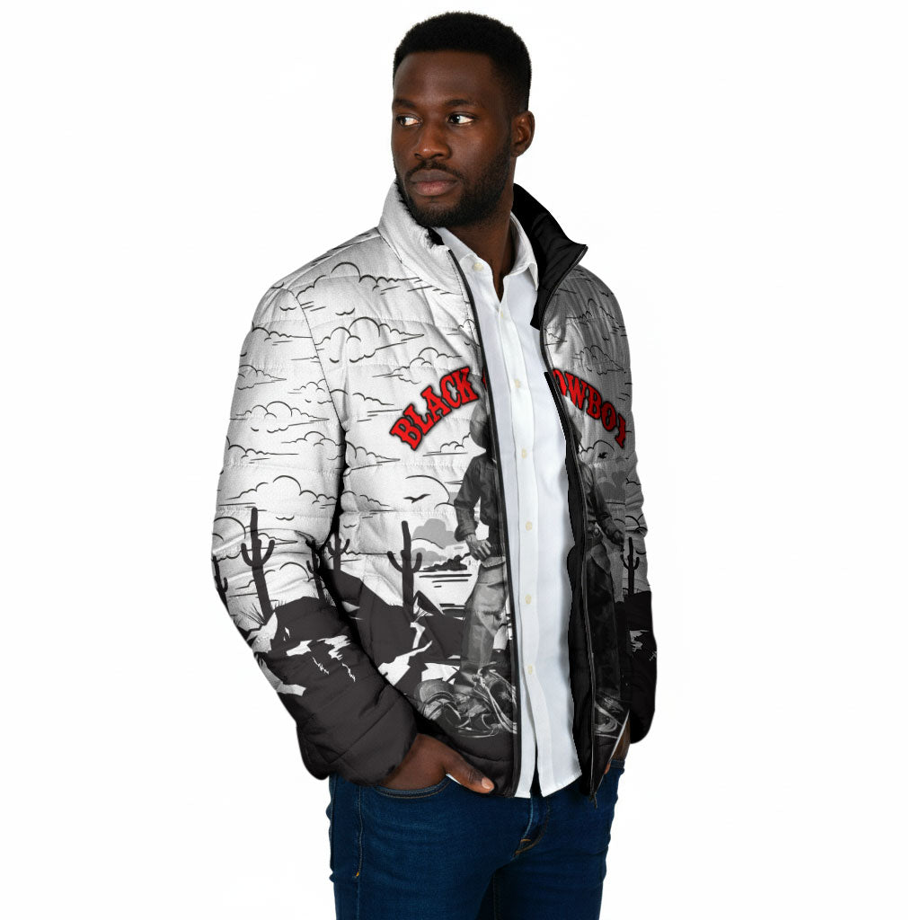 Black Cowboy Nat Love Padded Jacket Comic Style Desert Line Art Red Typography