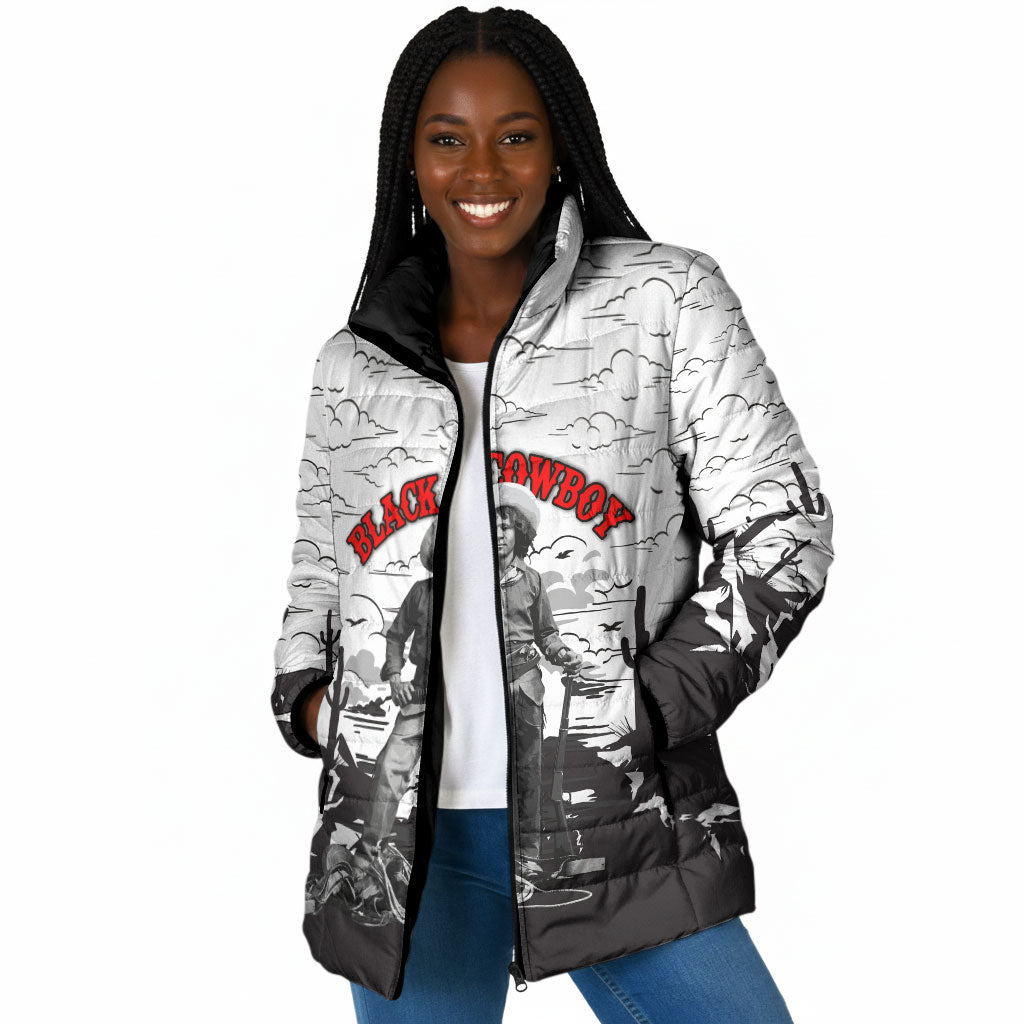 Black Cowboy Nat Love Padded Jacket Comic Style Desert Line Art Red Typography