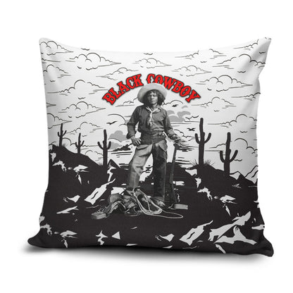Black Cowboy Nat Love Pillow Cover Comic Style Desert Line Art Red Typography