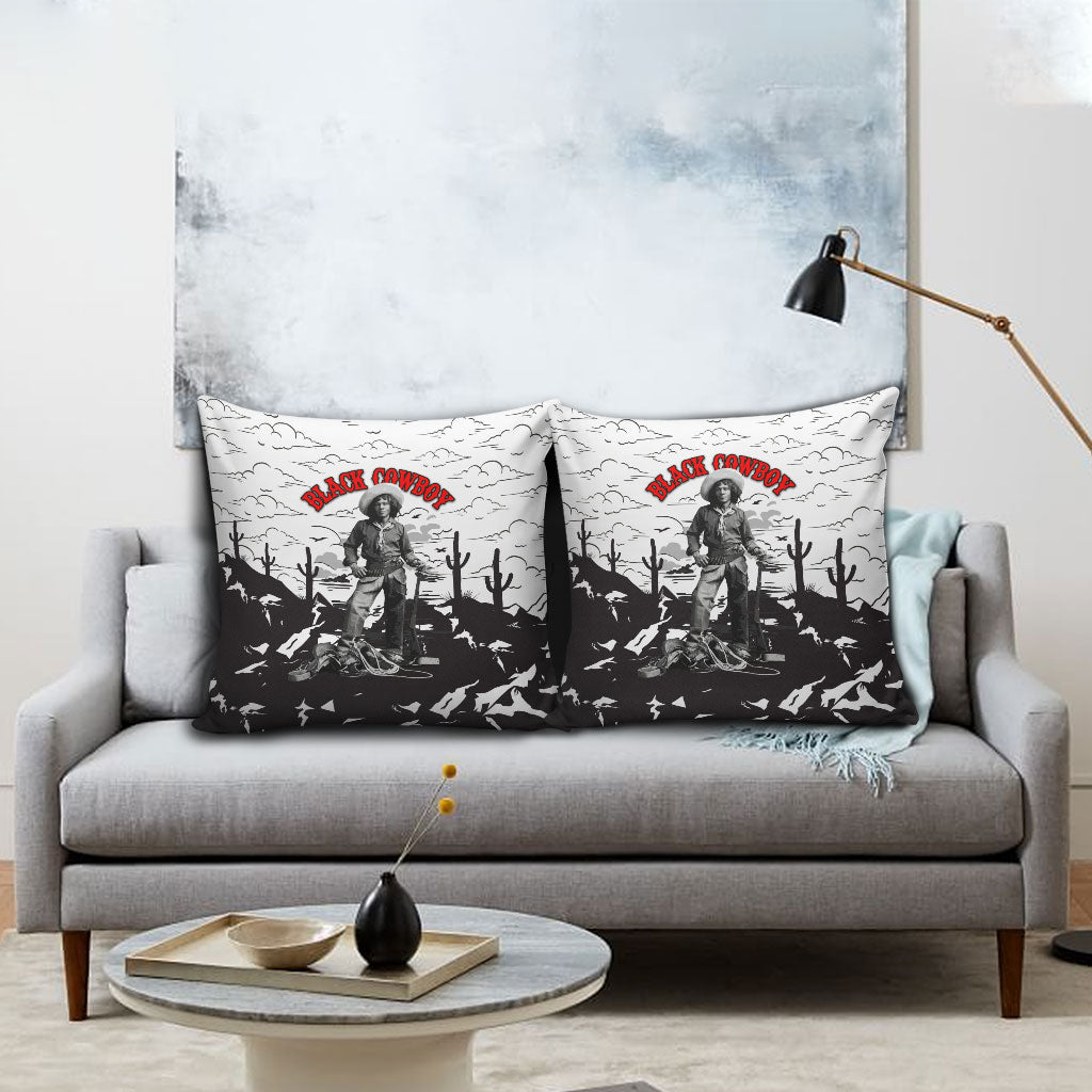 Black Cowboy Nat Love Pillow Cover Comic Style Desert Line Art Red Typography