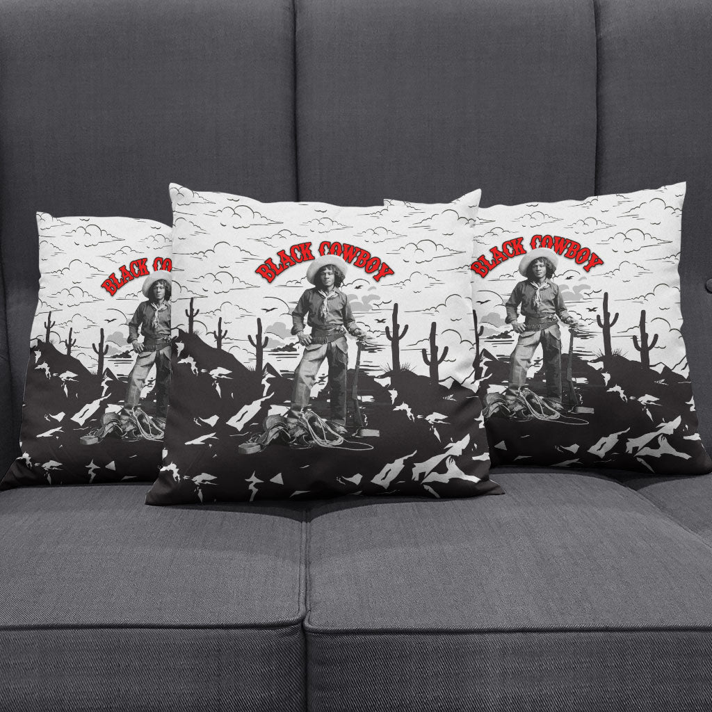 Black Cowboy Nat Love Pillow Cover Comic Style Desert Line Art Red Typography