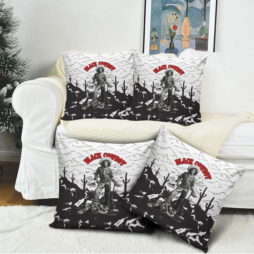 Black Cowboy Nat Love Pillow Cover Comic Style Desert Line Art Red Typography