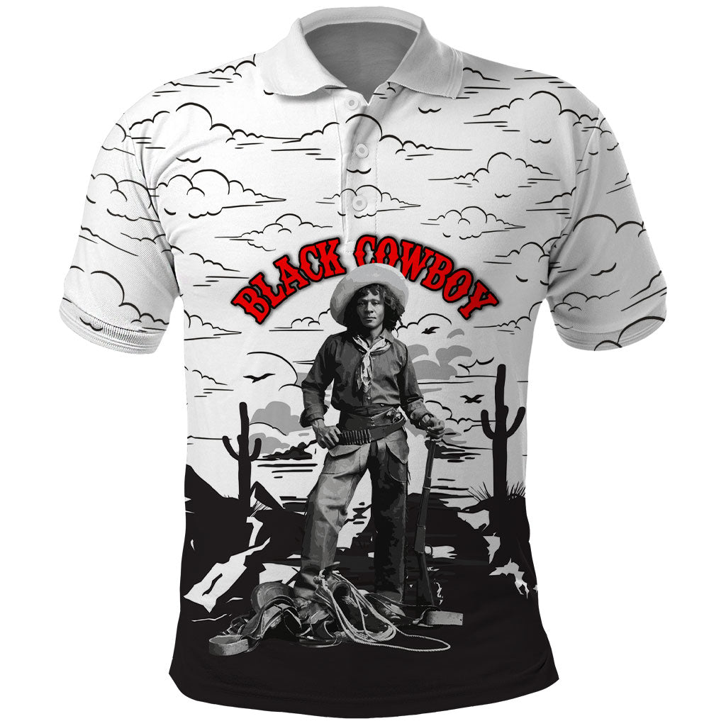 Black Cowboy Nat Love Polo Shirt Comic Style Desert Line Art Red Typography