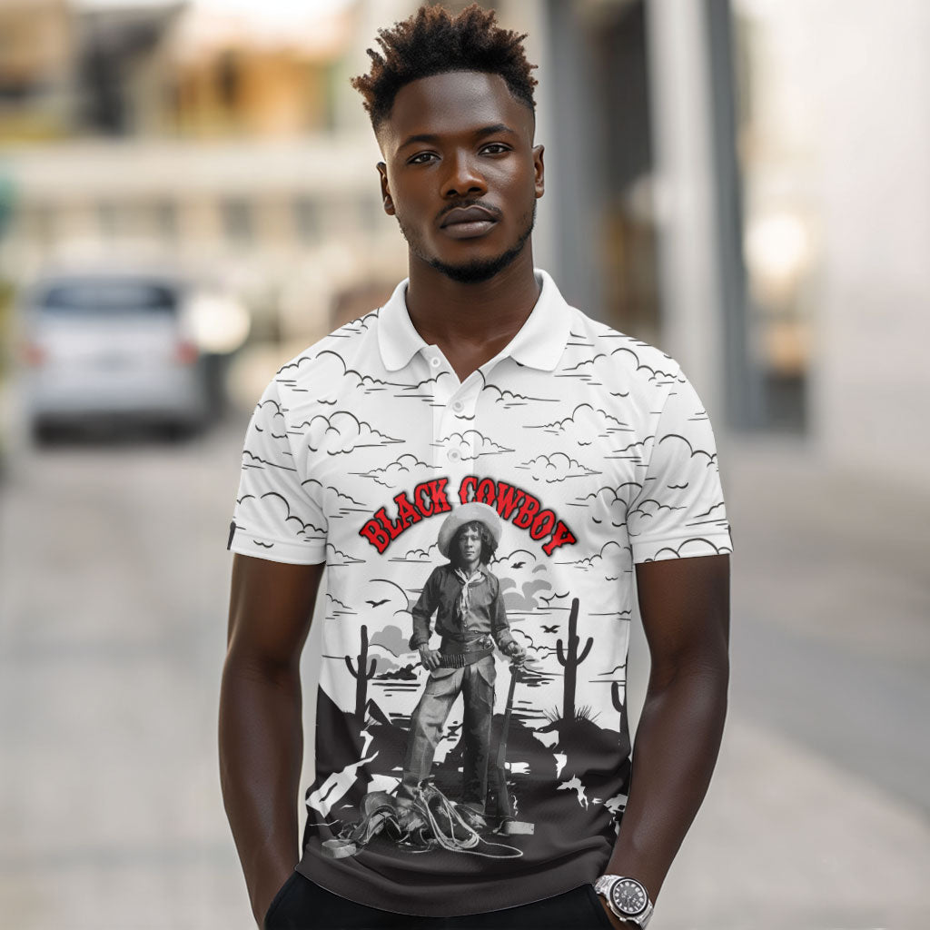 Black Cowboy Nat Love Polo Shirt Comic Style Desert Line Art Red Typography