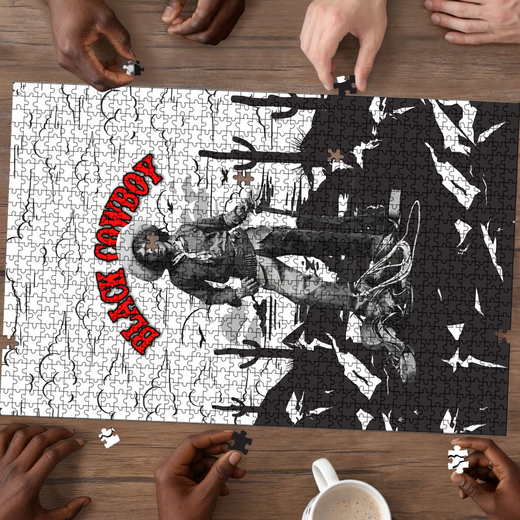 Black Cowboy Nat Love Puzzle Comic Style Desert Line Art Red Typography
