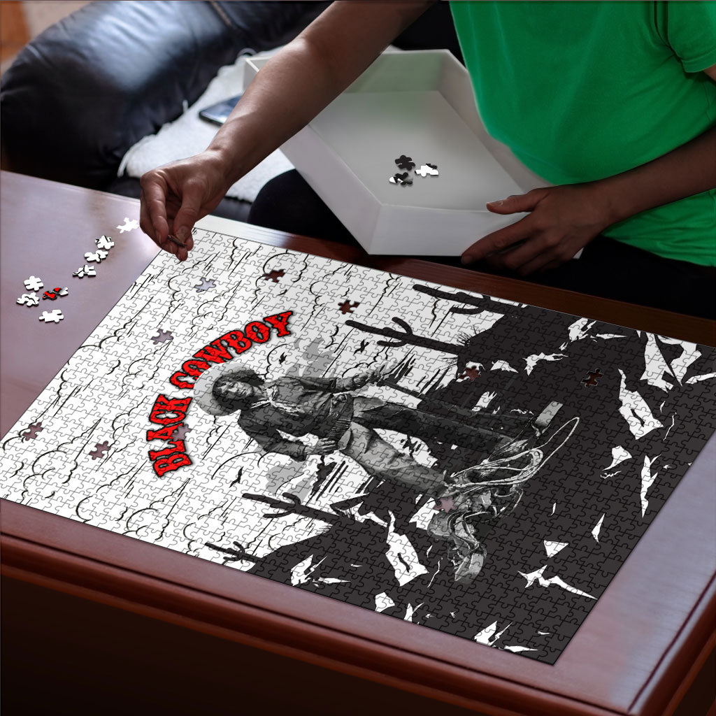 Black Cowboy Nat Love Puzzle Comic Style Desert Line Art Red Typography