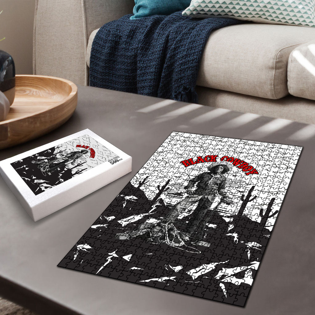 Black Cowboy Nat Love Puzzle Comic Style Desert Line Art Red Typography