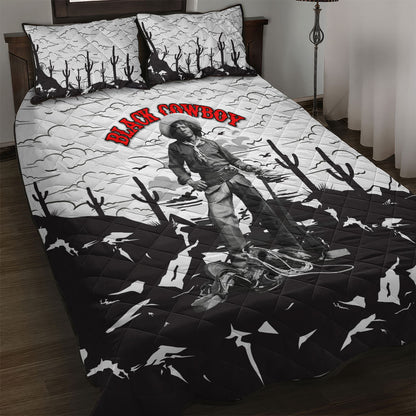 Black Cowboy Nat Love Quilt Bed Set Comic Style Desert Line Art Red Typography