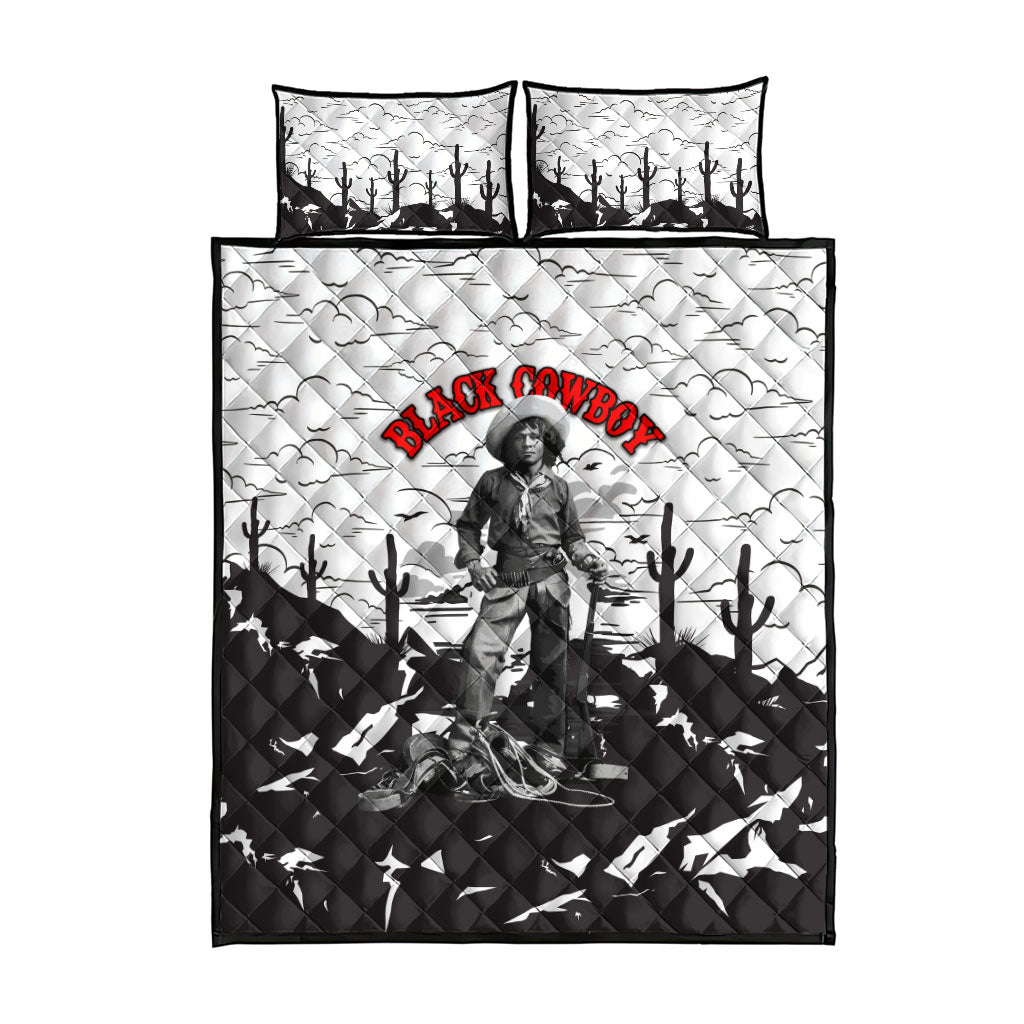 Black Cowboy Nat Love Quilt Bed Set Comic Style Desert Line Art Red Typography