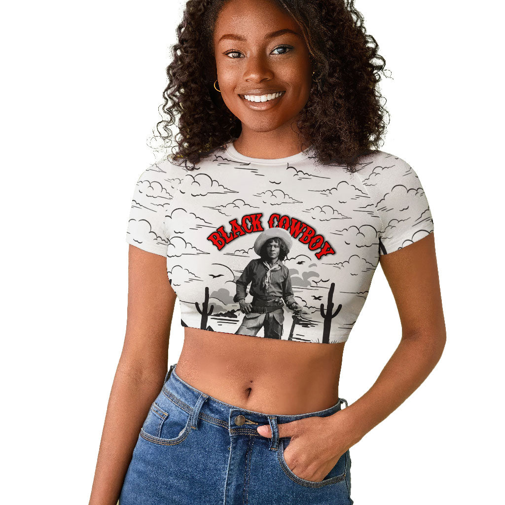 Black Cowboy Nat Love Raglan Cropped T shirt Comic Style Desert Line Art Red Typography
