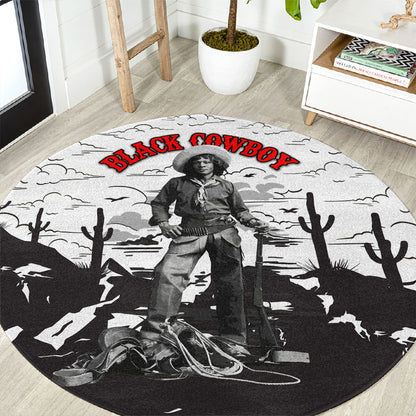 Black Cowboy Nat Love Round Carpet Comic Style Desert Line Art Red Typography