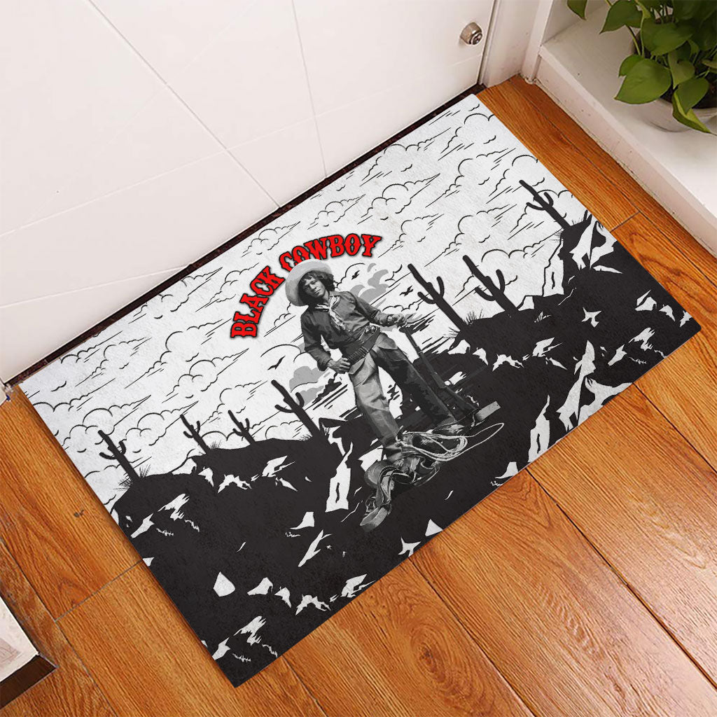 Black Cowboy Nat Love Rubber Doormat Comic Style Desert Line Art Red Typography
