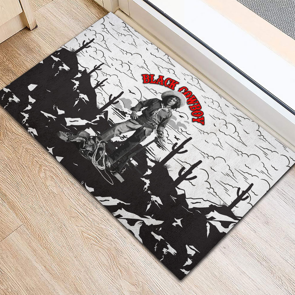 Black Cowboy Nat Love Rubber Doormat Comic Style Desert Line Art Red Typography