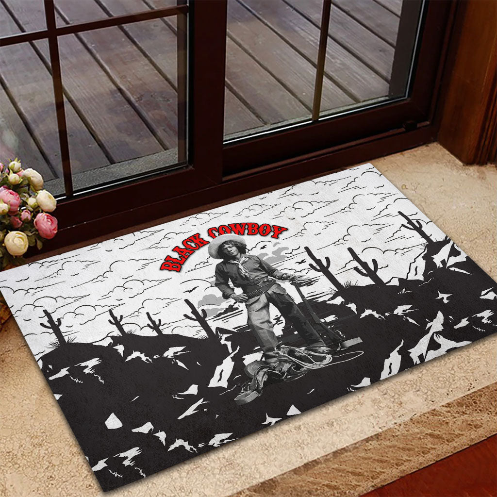 Black Cowboy Nat Love Rubber Doormat Comic Style Desert Line Art Red Typography