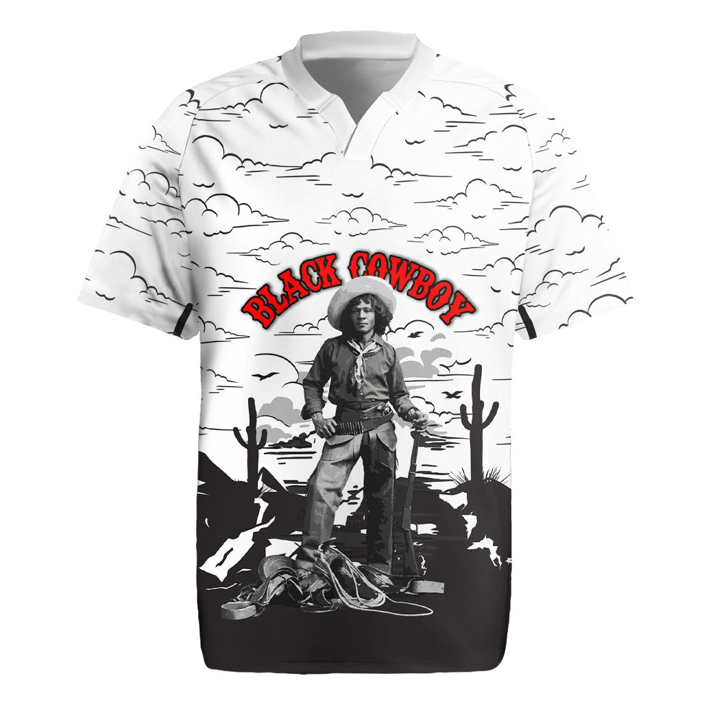 Black Cowboy Nat Love Rugby Jersey Comic Style Desert Line Art Red Typography