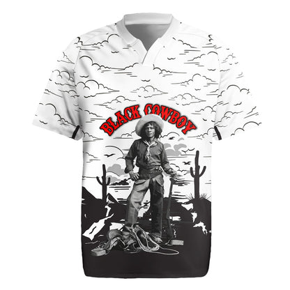 Black Cowboy Nat Love Rugby Jersey Comic Style Desert Line Art Red Typography