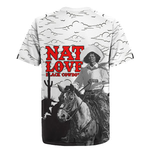 Black Cowboy Nat Love Rugby Jersey Comic Style Desert Line Art Red Typography