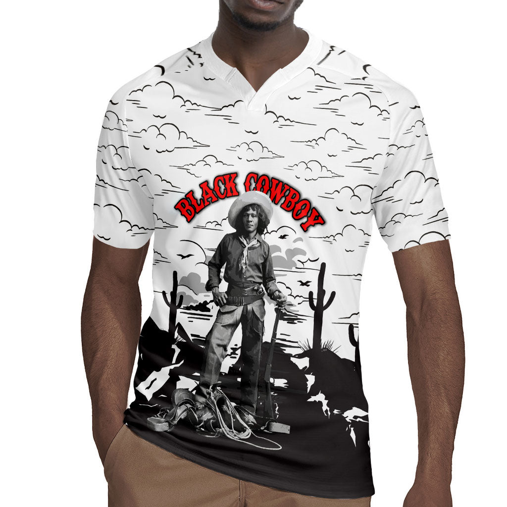 Black Cowboy Nat Love Rugby Jersey Comic Style Desert Line Art Red Typography