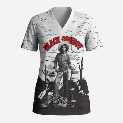Black Cowboy Nat Love Scrub Top Comic Style Desert Line Art Red Typography