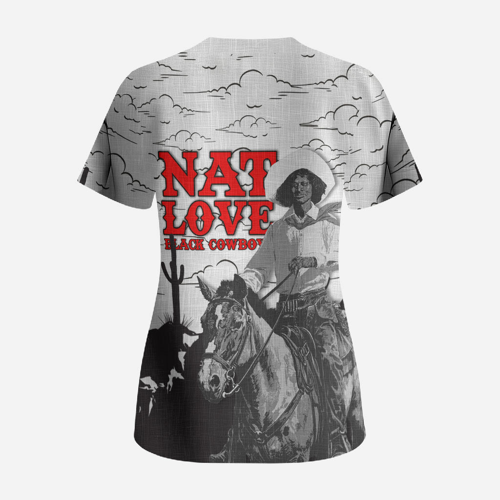 Black Cowboy Nat Love Scrub Top Comic Style Desert Line Art Red Typography