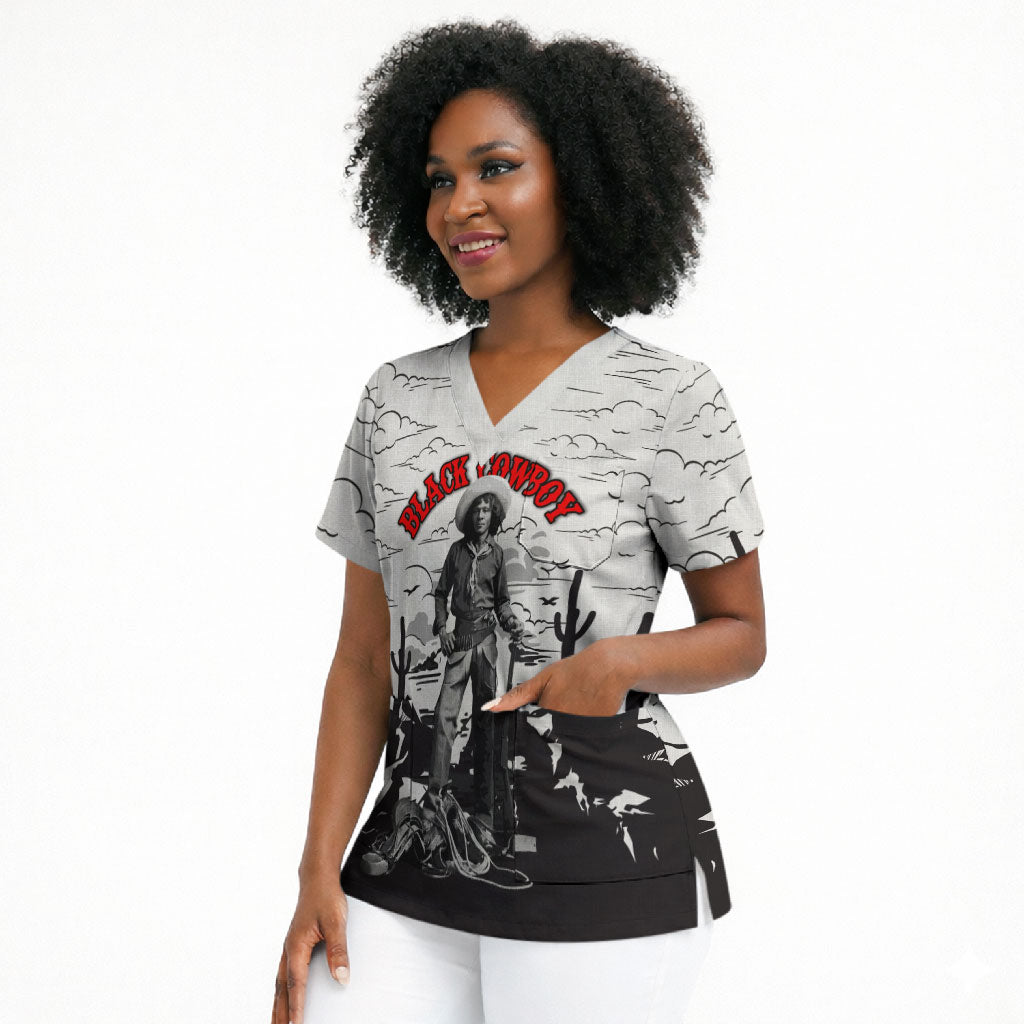 Black Cowboy Nat Love Scrub Top Comic Style Desert Line Art Red Typography