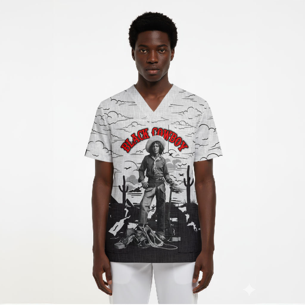Black Cowboy Nat Love Scrub Top Comic Style Desert Line Art Red Typography