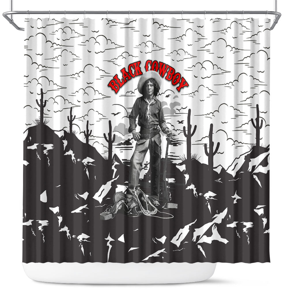 Black Cowboy Nat Love Shower Curtain Comic Style Desert Line Art Red Typography