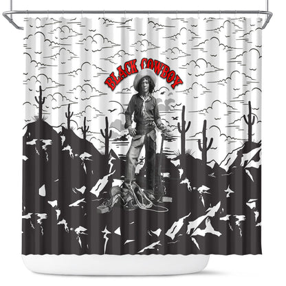 Black Cowboy Nat Love Shower Curtain Comic Style Desert Line Art Red Typography