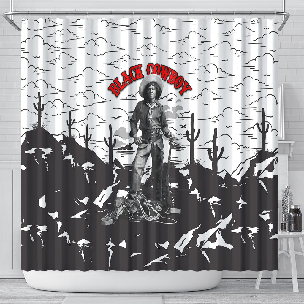 Black Cowboy Nat Love Shower Curtain Comic Style Desert Line Art Red Typography