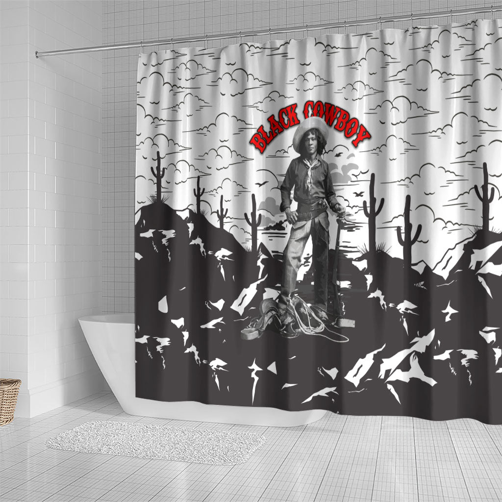 Black Cowboy Nat Love Shower Curtain Comic Style Desert Line Art Red Typography