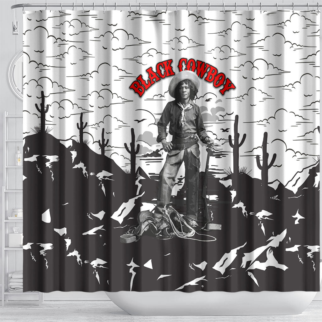 Black Cowboy Nat Love Shower Curtain Comic Style Desert Line Art Red Typography