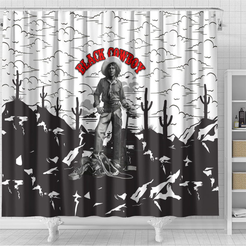 Black Cowboy Nat Love Shower Curtain Comic Style Desert Line Art Red Typography