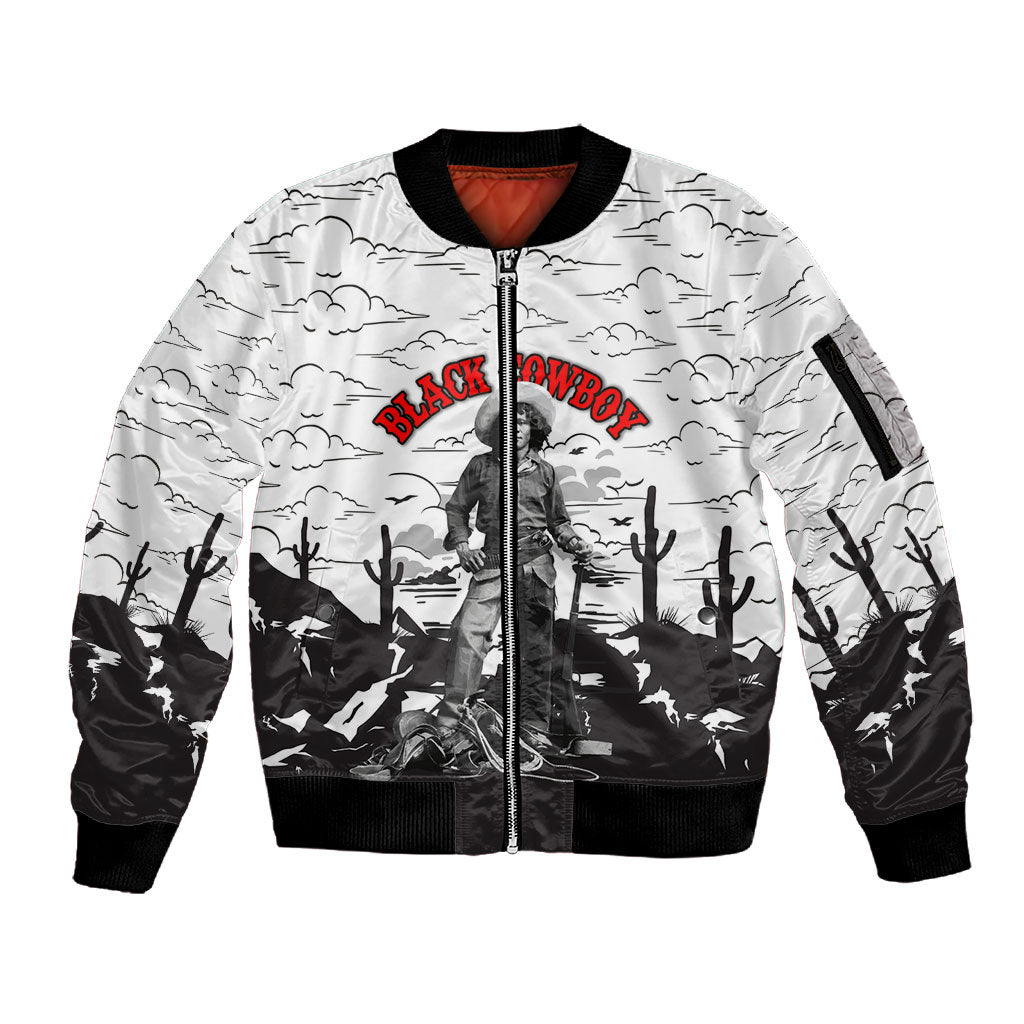 Black Cowboy Nat Love Sleeve Zip Bomber Jacket Comic Style Desert Line Art Red Typography