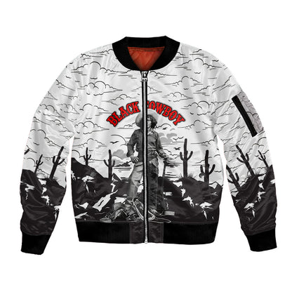 Black Cowboy Nat Love Sleeve Zip Bomber Jacket Comic Style Desert Line Art Red Typography