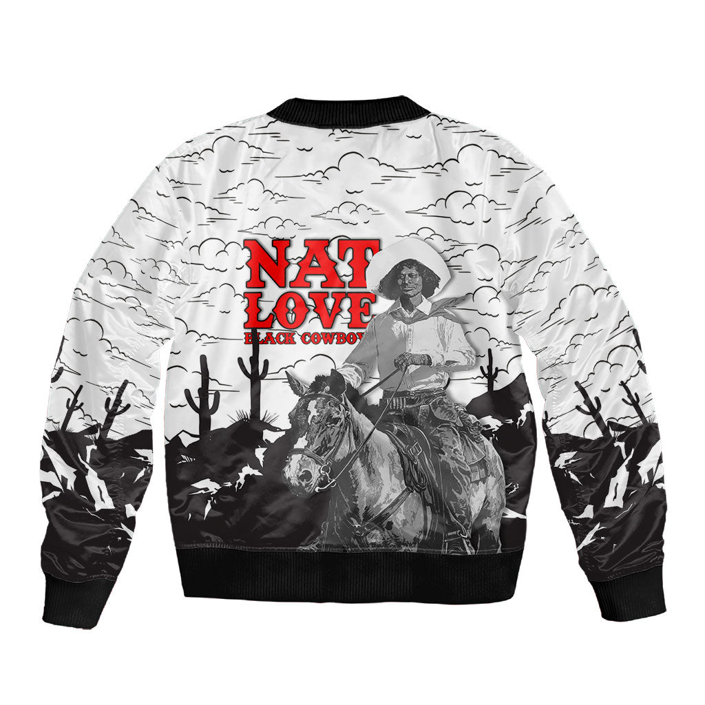 Black Cowboy Nat Love Sleeve Zip Bomber Jacket Comic Style Desert Line Art Red Typography
