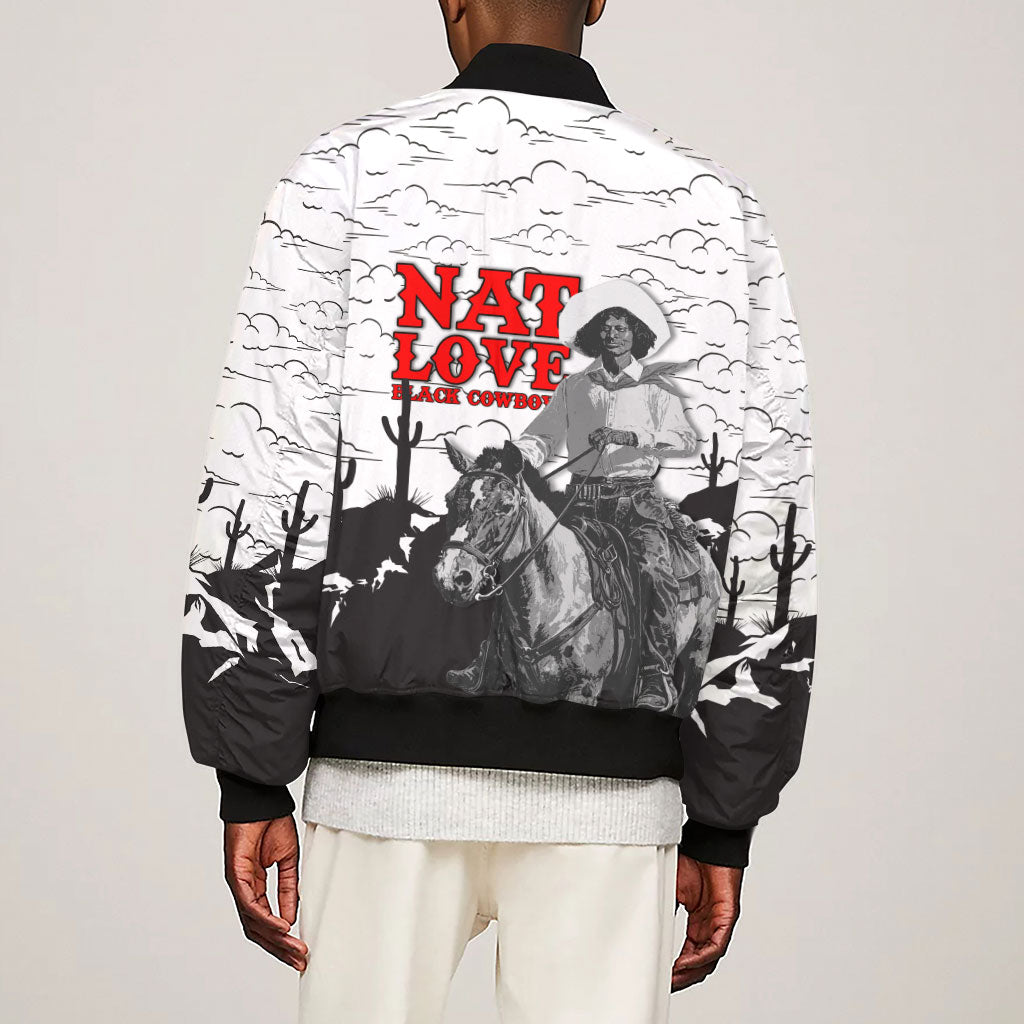 Black Cowboy Nat Love Sleeve Zip Bomber Jacket Comic Style Desert Line Art Red Typography