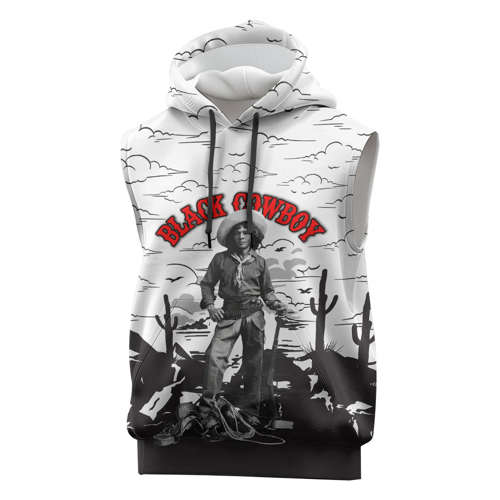 Black Cowboy Nat Love Sleeveless Hoodie Comic Style Desert Line Art Red Typography