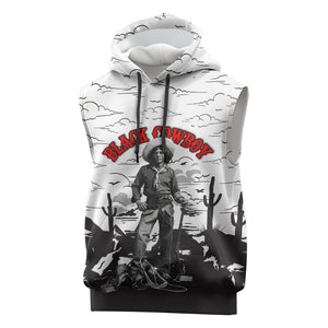 Black Cowboy Nat Love Sleeveless Hoodie Comic Style Desert Line Art Red Typography
